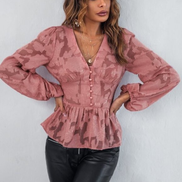 Pink Bishop Sleeve Peplum Blouse - Picture 3 of 8